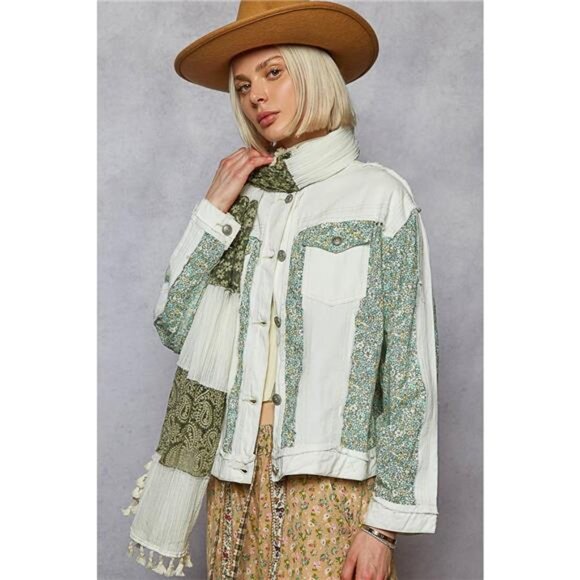 POL Button Down Patchwork Denim Jacket with Floral Print Details - Picture 3 of 8